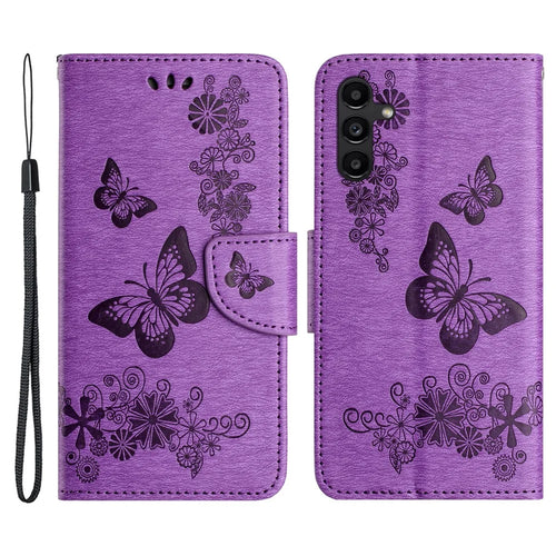 For Samsung Galaxy A25 5G (Global) (161.0 x 76.5 x 8.3mm) PU Leather Stand Phone Cover Butterflies Flower Imprinting Phone Wallet Case - Purple - 1