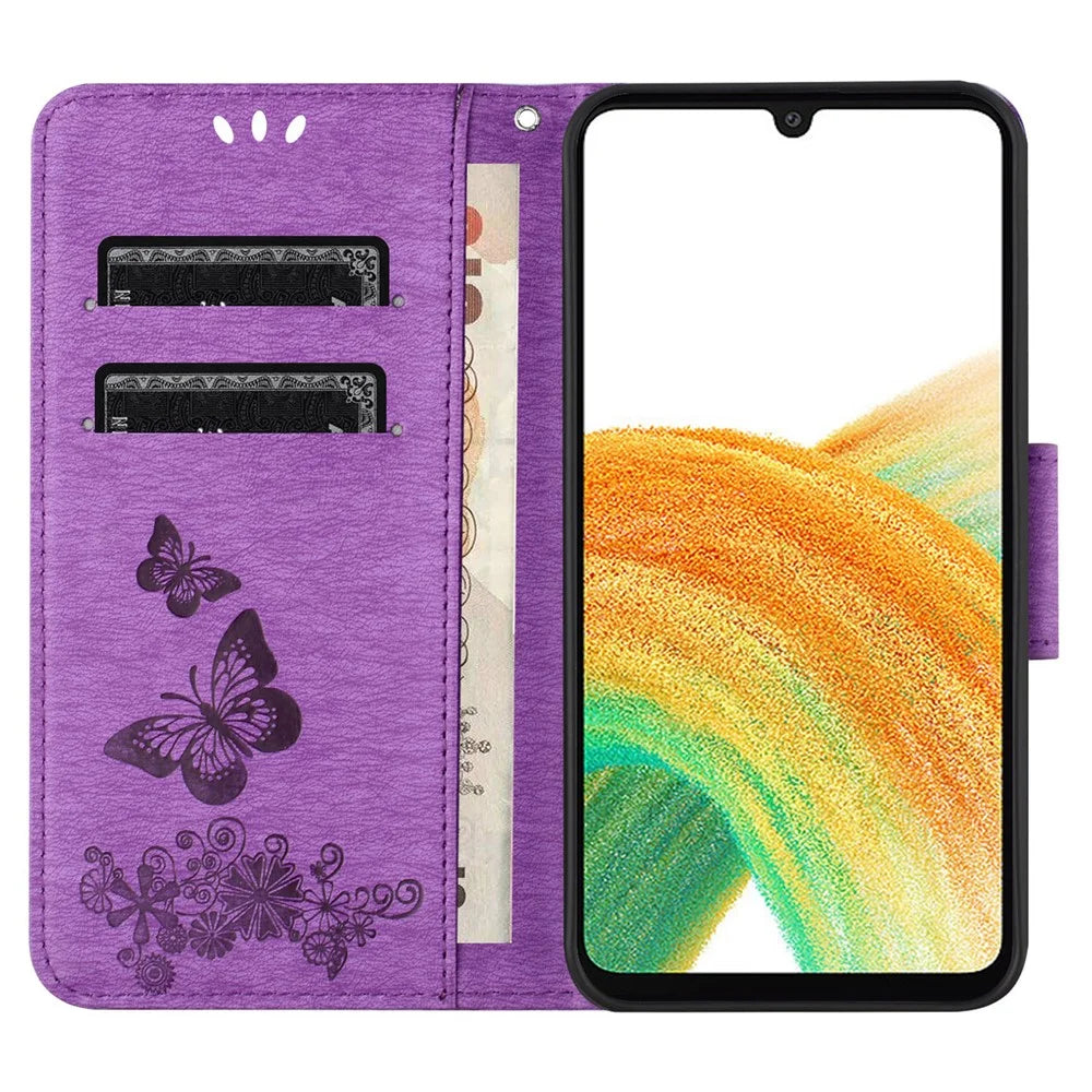 For Samsung Galaxy A25 5G (Global) (161.0 x 76.5 x 8.3mm) PU Leather Stand Phone Cover Butterflies Flower Imprinting Phone Wallet Case - Purple - 2
