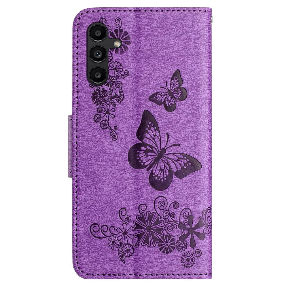 For Samsung Galaxy A25 5G (Global) (161.0 x 76.5 x 8.3mm) PU Leather Stand Phone Cover Butterflies Flower Imprinting Phone Wallet Case - Purple - 7