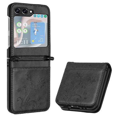 For Samsung Galaxy Z Flip5 5G Phone Case Imprinted Butterflies PU Leather Coated PC Cover - Black - 1