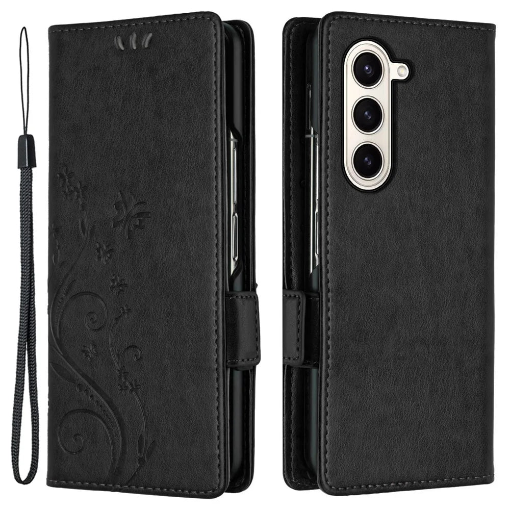 For Samsung Galaxy Z Fold5 5G Imprinted Butterflies Anti-scratch Phone Case PU Leather Wallet Cover Stand with Strap - Black - 1