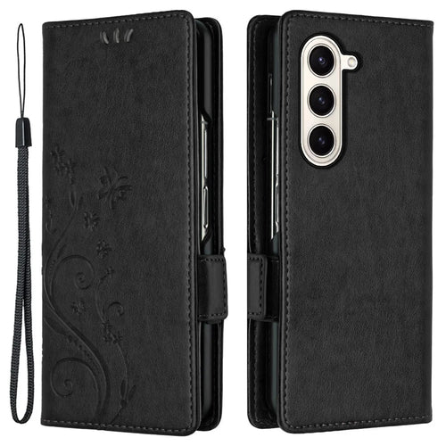 For Samsung Galaxy Z Fold5 5G Imprinted Butterflies Anti-scratch Phone Case PU Leather Wallet Cover Stand with Strap - Black - 1