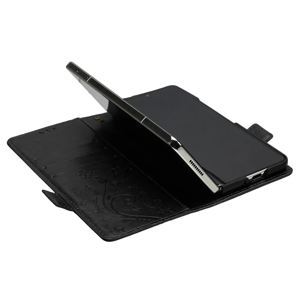 For Samsung Galaxy Z Fold5 5G Imprinted Butterflies Anti-scratch Phone Case PU Leather Wallet Cover Stand with Strap - Black - 5