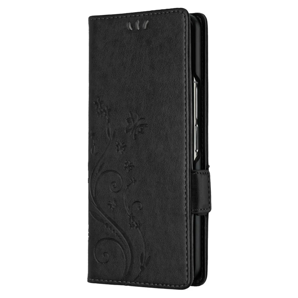 For Samsung Galaxy Z Fold5 5G Imprinted Butterflies Anti-scratch Phone Case PU Leather Wallet Cover Stand with Strap - Black - 6