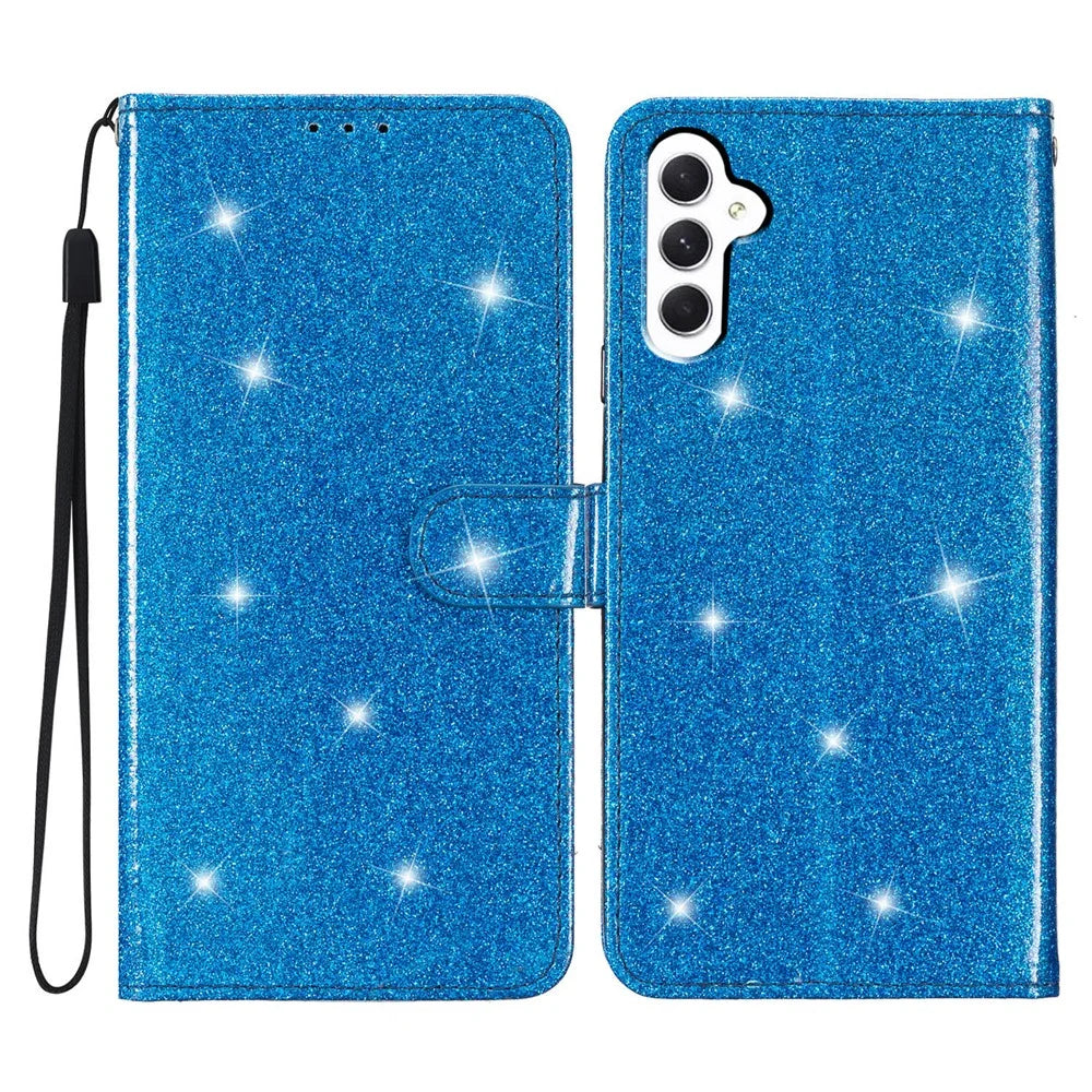 For Samsung Galaxy A24 4G (162.1 x 77.6 x 8.3mm) Glittery Wallet Stand PU Leather Case Drop-proof Phone Cover - Blue - 1