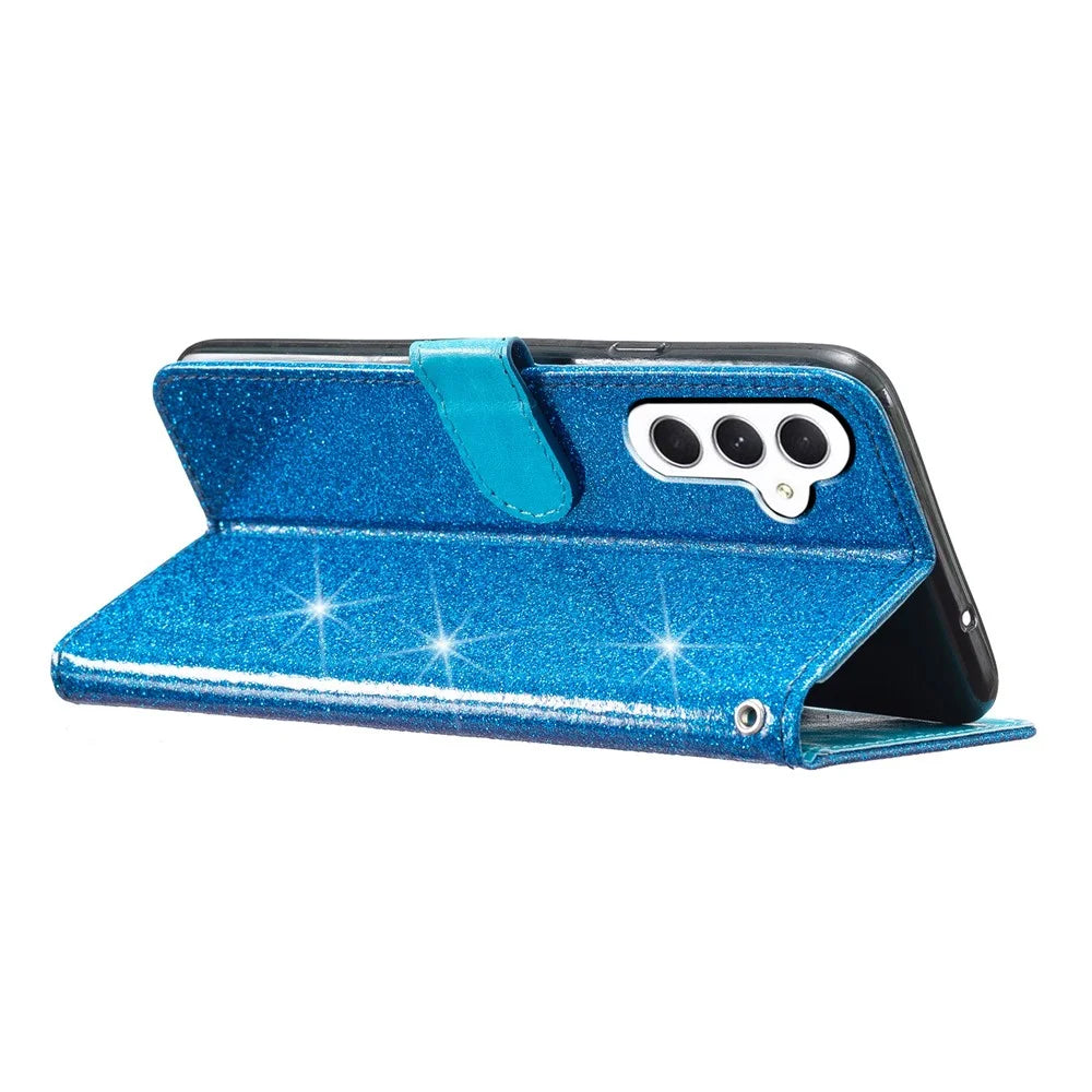 For Samsung Galaxy A24 4G (162.1 x 77.6 x 8.3mm) Glittery Wallet Stand PU Leather Case Drop-proof Phone Cover - Blue - 3