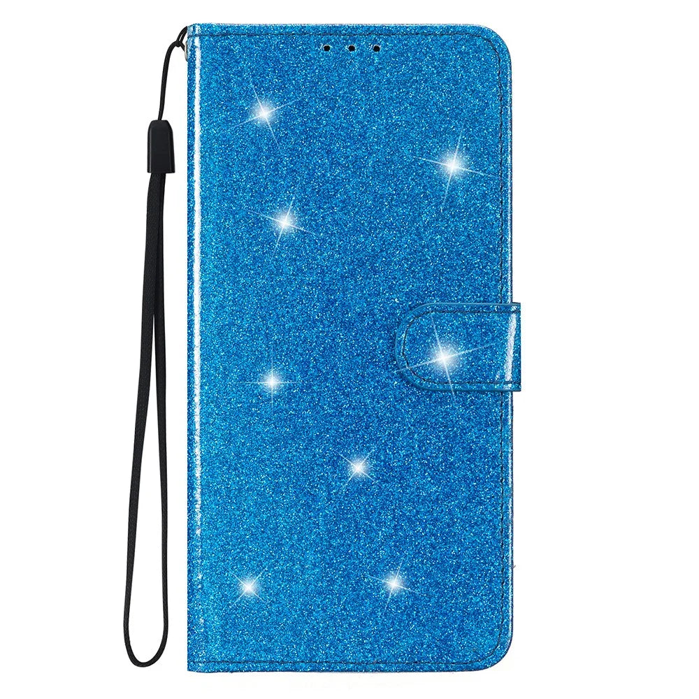For Samsung Galaxy A24 4G (162.1 x 77.6 x 8.3mm) Glittery Wallet Stand PU Leather Case Drop-proof Phone Cover - Blue - 6