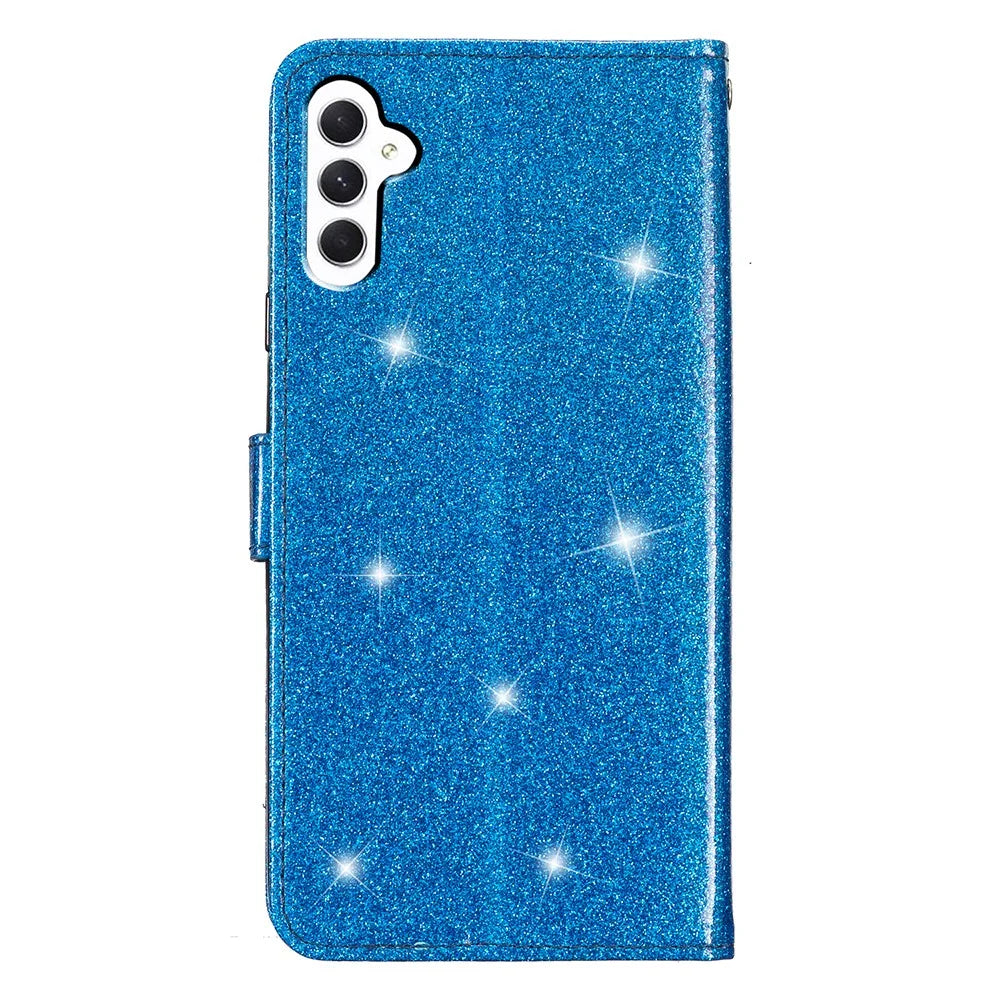 For Samsung Galaxy A24 4G (162.1 x 77.6 x 8.3mm) Glittery Wallet Stand PU Leather Case Drop-proof Phone Cover - Blue - 7
