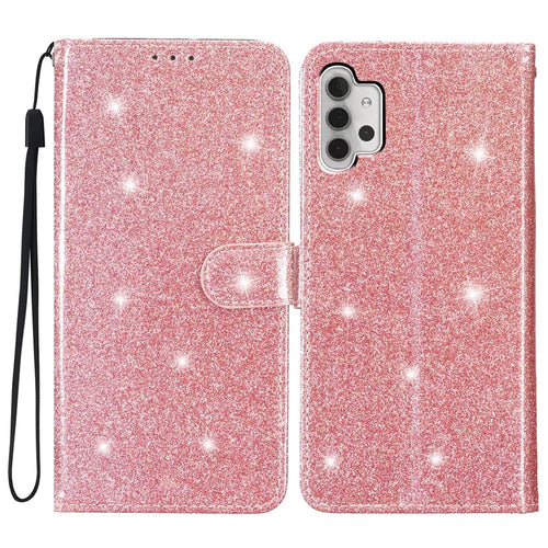 For Samsung Galaxy A32 5G / M32 5G PU Leather Wallet Stand Case Glittery Anti-drop Phone Cover - Rose Gold - 1