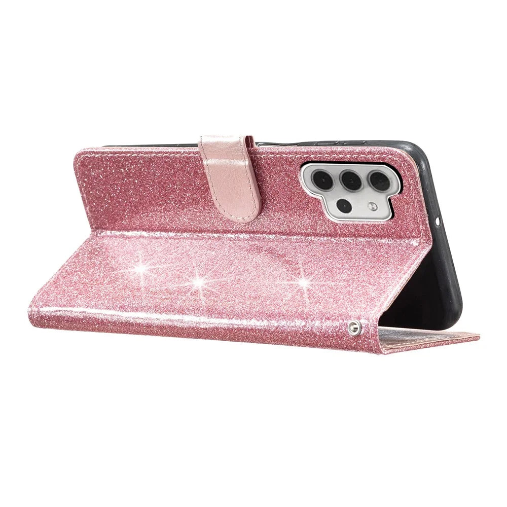For Samsung Galaxy A32 5G / M32 5G PU Leather Wallet Stand Case Glittery Anti-drop Phone Cover - Rose Gold - 3