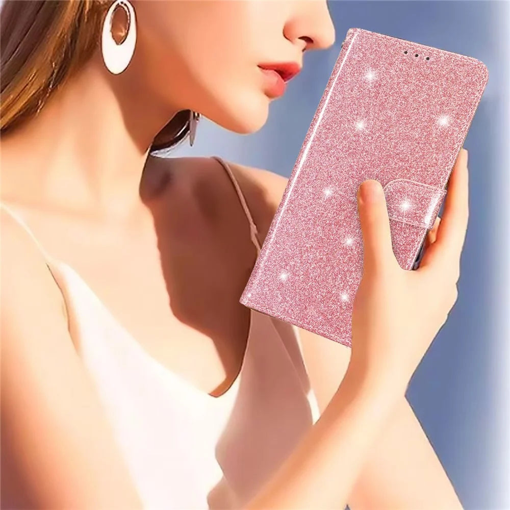 For Samsung Galaxy A32 5G / M32 5G PU Leather Wallet Stand Case Glittery Anti-drop Phone Cover - Rose Gold - 5