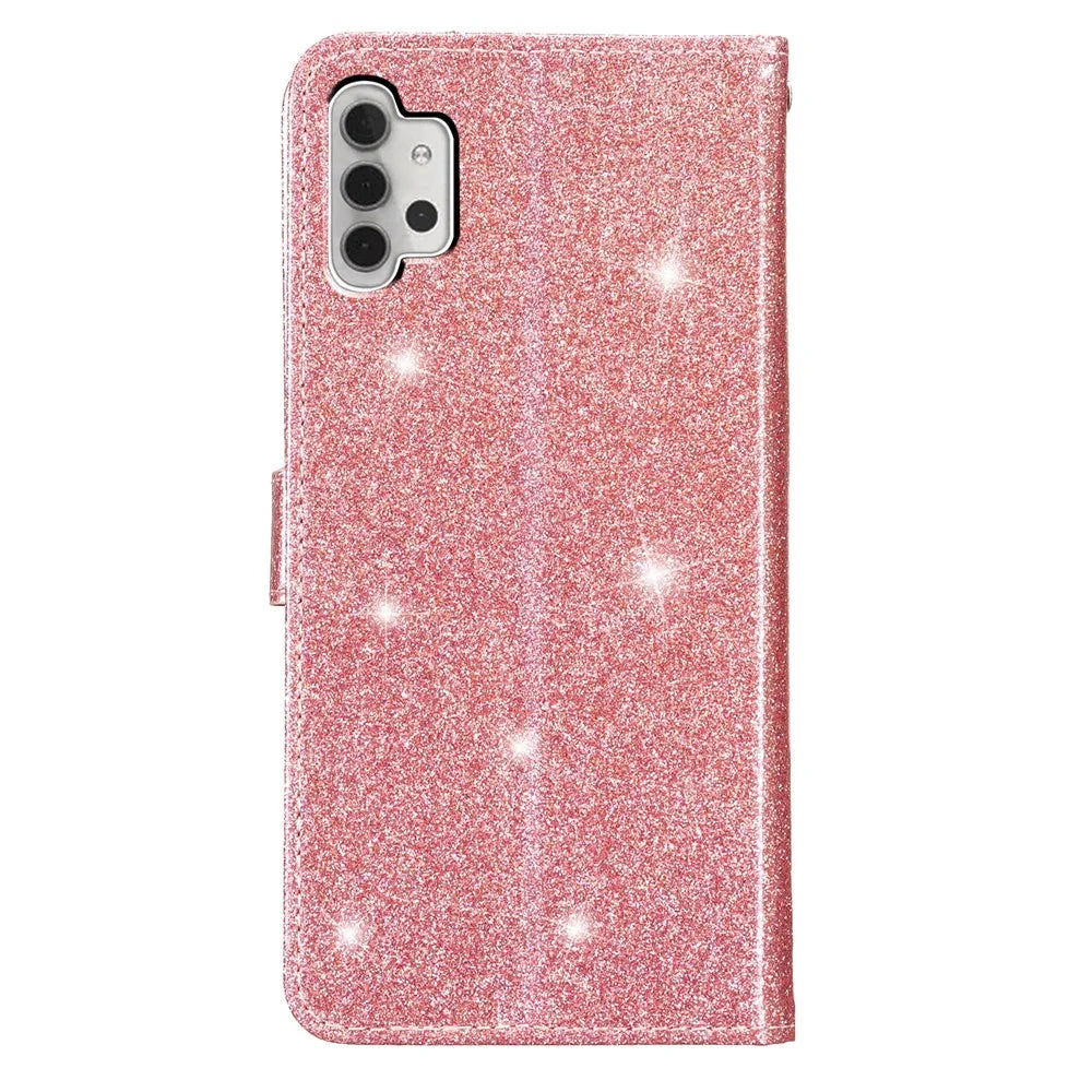 For Samsung Galaxy A32 5G / M32 5G PU Leather Wallet Stand Case Glittery Anti-drop Phone Cover - Rose Gold - 7