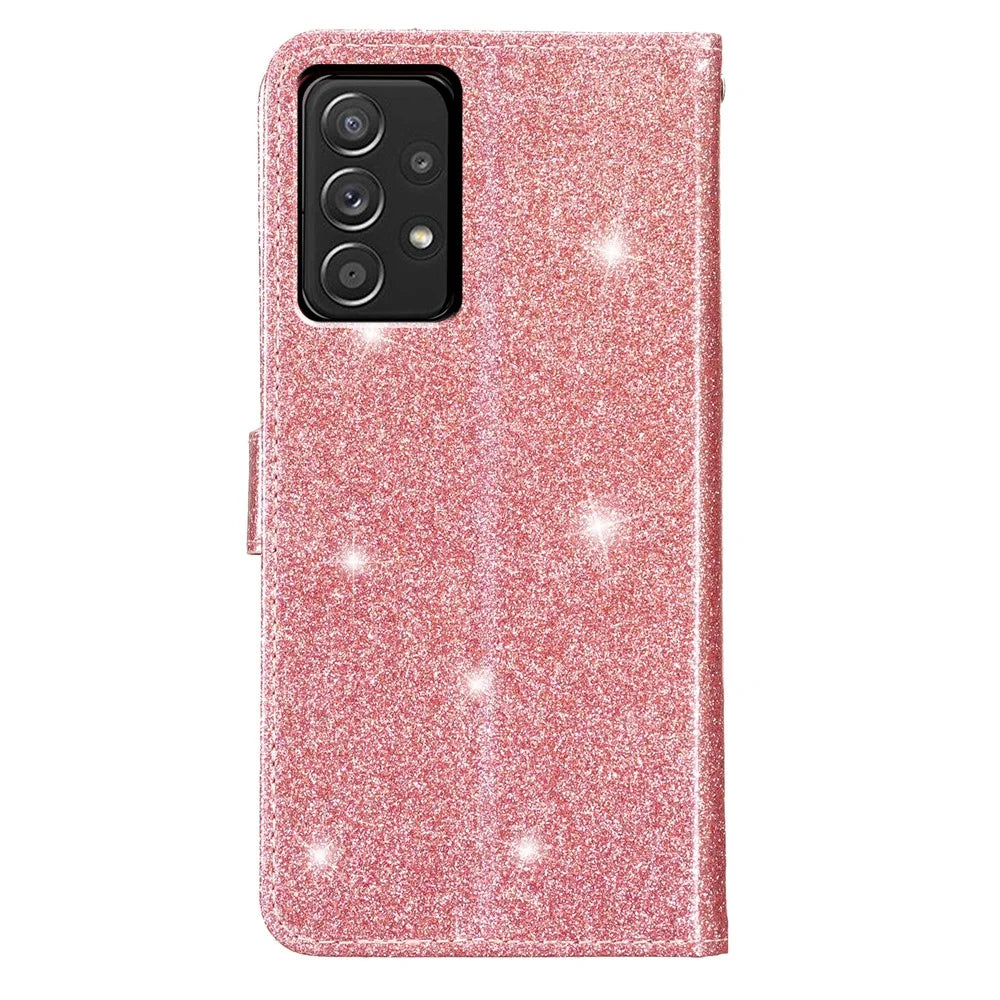 For Samsung Galaxy A73 5G Glittery PU Leather Case Full Protection Wallet Stand Phone Cover - Rose Gold - 7