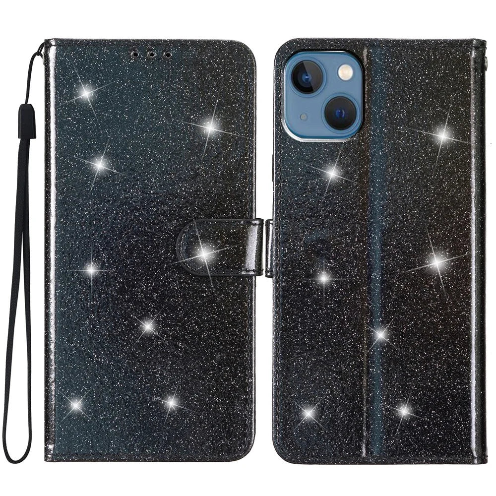Full Protection Phone Cover for iPhone 14 Glittery PU Leather Wallet Stand Case - Black - 1