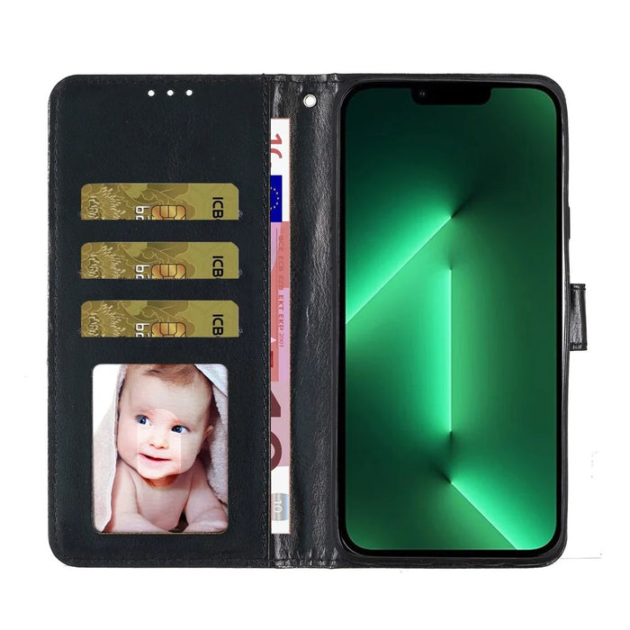 Full Protection Phone Cover for iPhone 14 Glittery PU Leather Wallet Stand Case - Black - 2