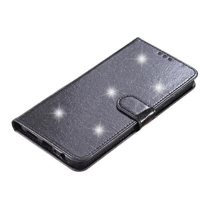 Full Protection Phone Cover for iPhone 14 Glittery PU Leather Wallet Stand Case - Black - 4