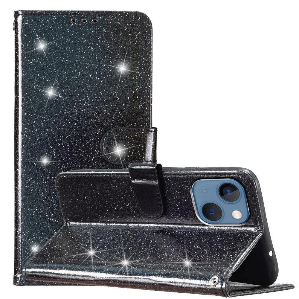 For iPhone 14 Plus Glittery PU Leather Case Folio Flip Wallet Stand Smartphone Cover - Black - 5