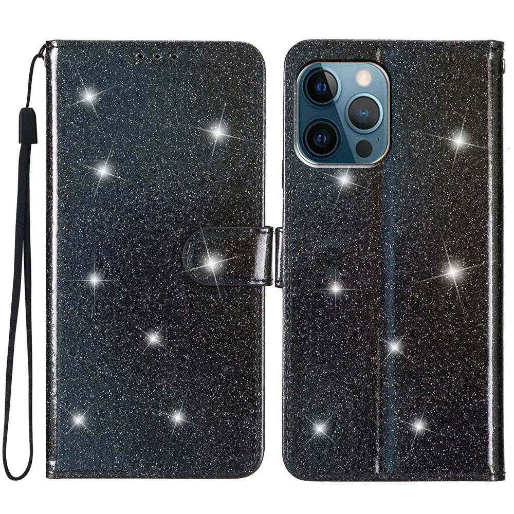 For iPhone 14 Pro Max Glittery PU Leather Flip Phone Case Wallet Stand Drop-proof Cover - Black - 1