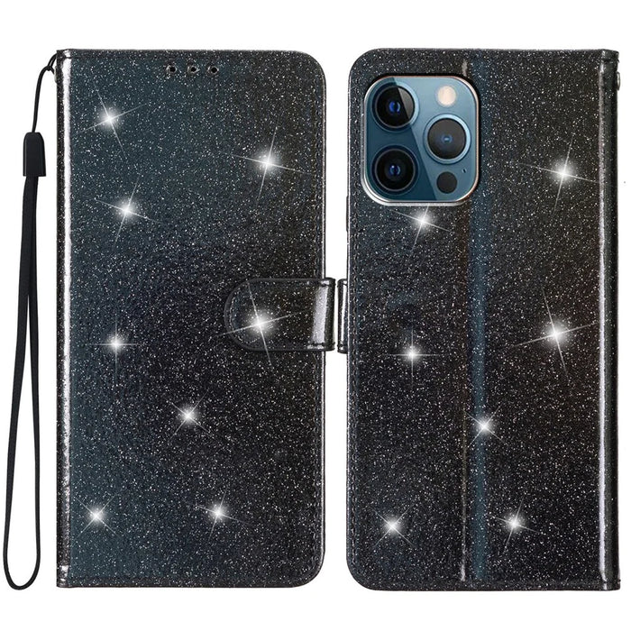 For iPhone 14 Pro Max Glittery PU Leather Flip Phone Case Wallet Stand Drop-proof Cover - Black - 1