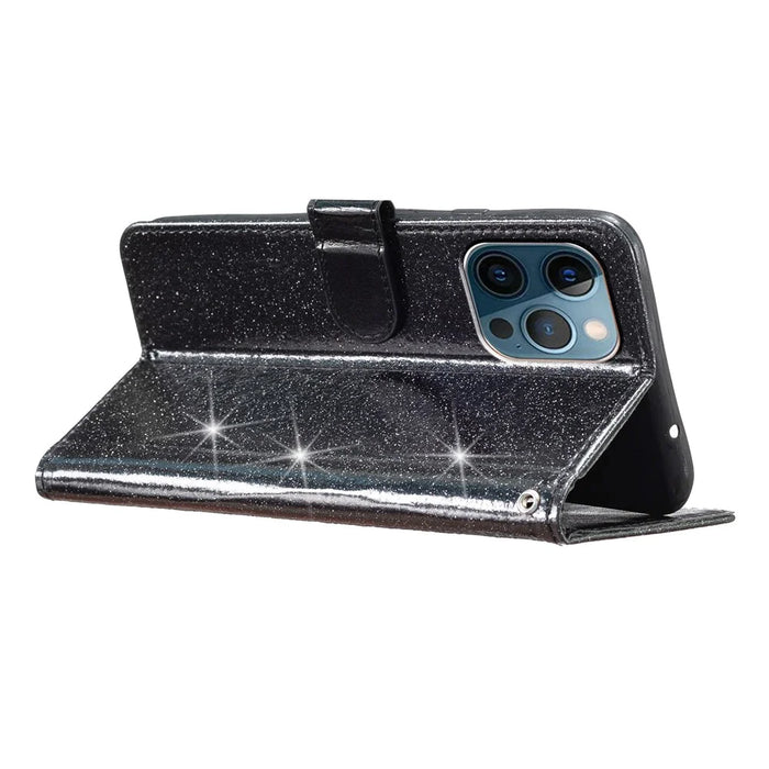 For iPhone 14 Pro Max Glittery PU Leather Flip Phone Case Wallet Stand Drop-proof Cover - Black - 3