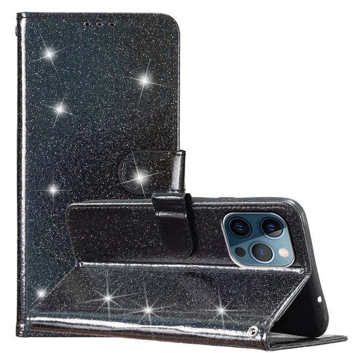 For iPhone 14 Pro Max Glittery PU Leather Flip Phone Case Wallet Stand Drop-proof Cover - Black - 5