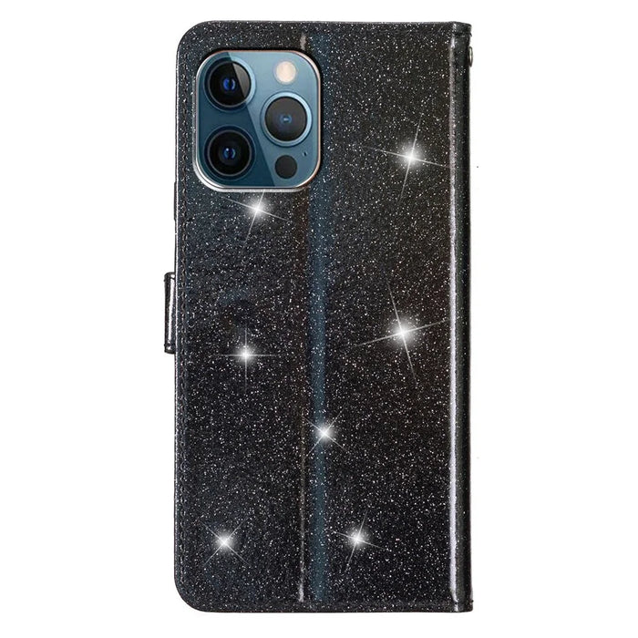 For iPhone 14 Pro Max Glittery PU Leather Flip Phone Case Wallet Stand Drop-proof Cover - Black - 7