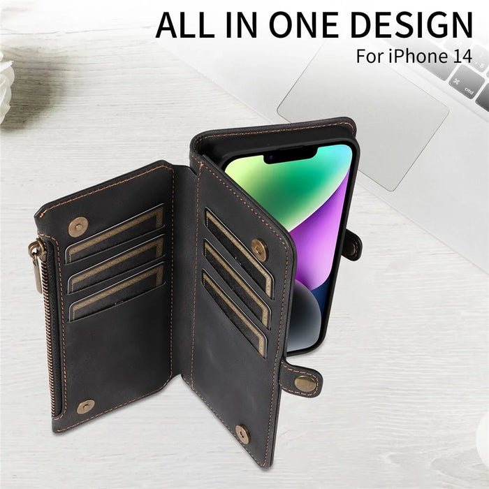 Zipper Pocket RFID Blocking Phone Case for iPhone 15 Pro , PU Leather Wallet Stand Phone Cover - Black - 3