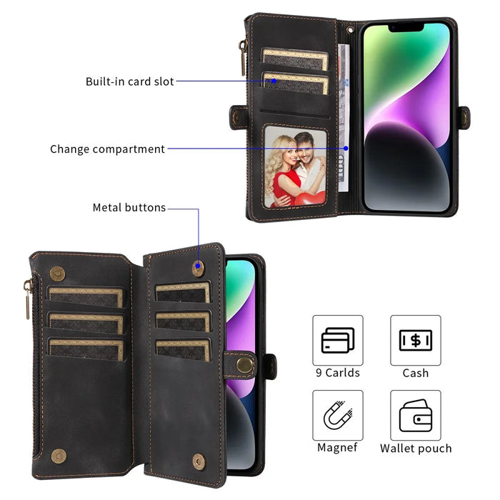 Zipper Pocket Wallet Phone Cover for iPhone 15 Plus , RFID Blocking PU Leather Case with Stand - Black - 2