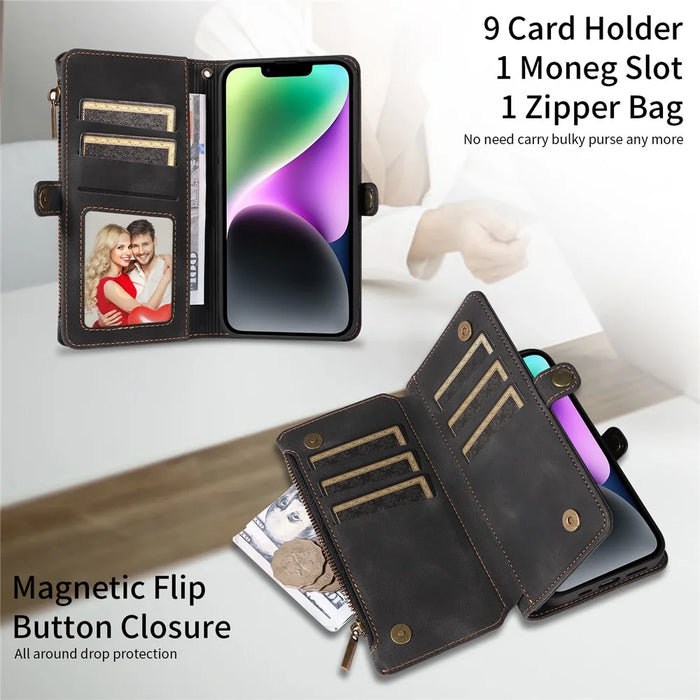Zipper Pocket Wallet Phone Cover for iPhone 15 Plus , RFID Blocking PU Leather Case with Stand - Black - 4