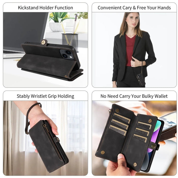 Zipper Pocket Wallet Phone Cover for iPhone 15 Plus , RFID Blocking PU Leather Case with Stand - Black - 6