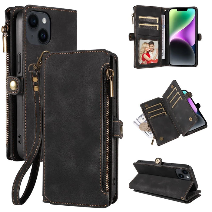 RFID Blocking Wallet Case for iPhone 15 Pro Max , Zipper Pocket Leather Stand Phone Cover - Black - 1