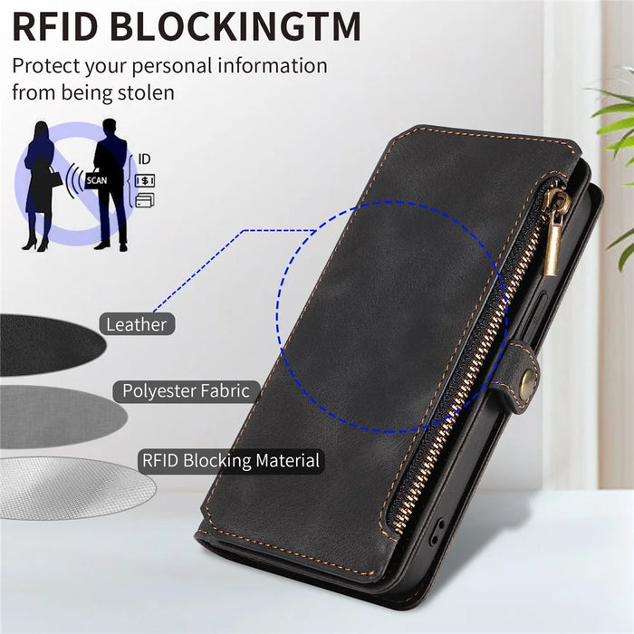 RFID Blocking Wallet Case for iPhone 15 Pro Max , Zipper Pocket Leather Stand Phone Cover - Black - 5