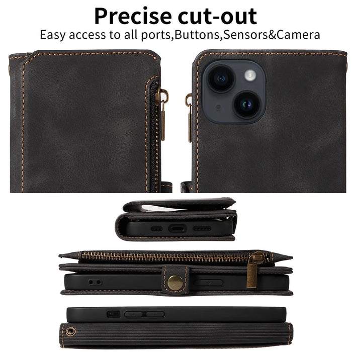 RFID Blocking Wallet Case for iPhone 15 Pro Max , Zipper Pocket Leather Stand Phone Cover - Black - 7
