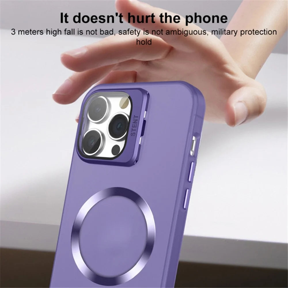 For iPhone 15 Matte PC+TPU Phone Case Compatible with MagSafe Lens Film Kickstand Shockproof Cover - Dark Purple - 3