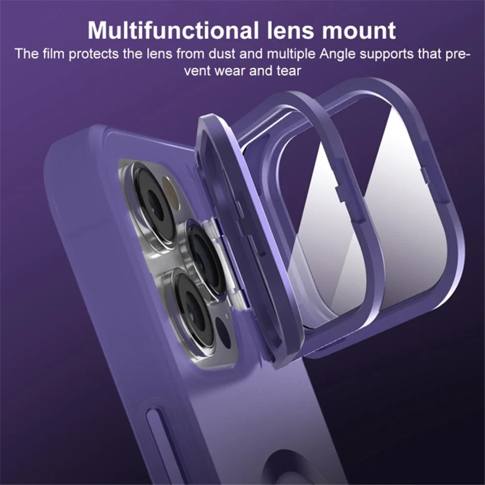 For iPhone 15 Matte PC+TPU Phone Case Compatible with MagSafe Lens Film Kickstand Shockproof Cover - Dark Purple - 4