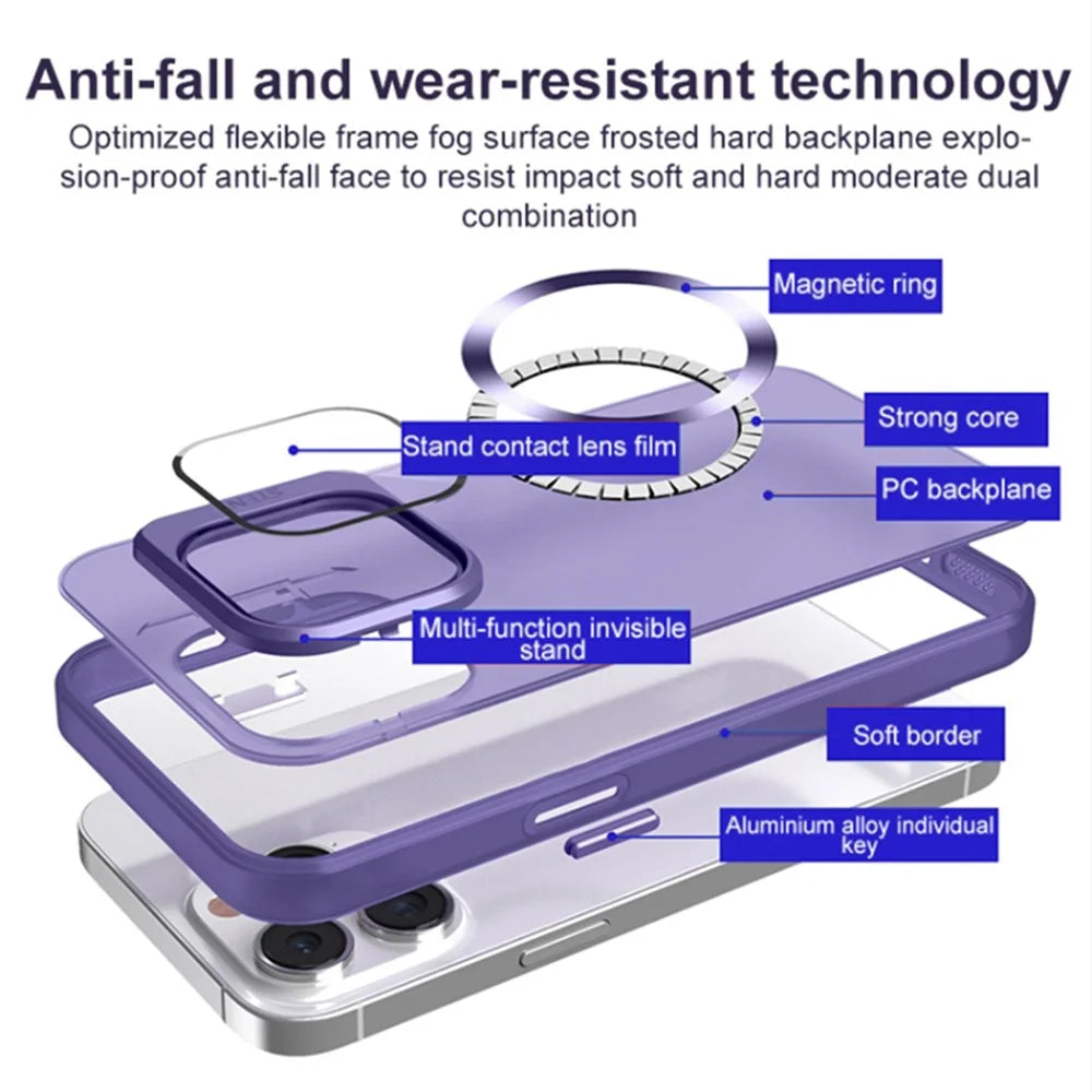 For iPhone 15 Matte PC+TPU Phone Case Compatible with MagSafe Lens Film Kickstand Shockproof Cover - Dark Purple - 7