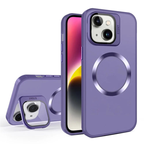 For iPhone 15 Plus Matte Magnetic Phone Case Compatible with MagSafe PC+TPU Kickstand Cover with Lens Film - Dark Purple - 1