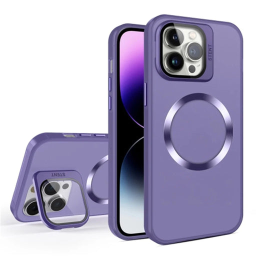 For iPhone 15 Pro Magnetic Case Compatible with MagSafe Lens Film Kickstand PC+TPU Matte Phone Cover - Dark Purple - 1