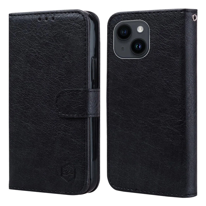 For iPhone 15 Solid Color PU Leather Wallet Case Drop Proof Cell Phone Stand Cover - Black - 1