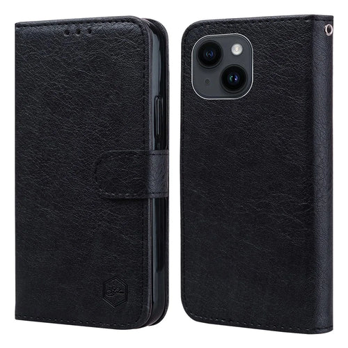 For iPhone 15 Plus Solid Color PU Leather Wallet Case Drop Proof Cell Phone Foldable Stand Cover - Black - 1