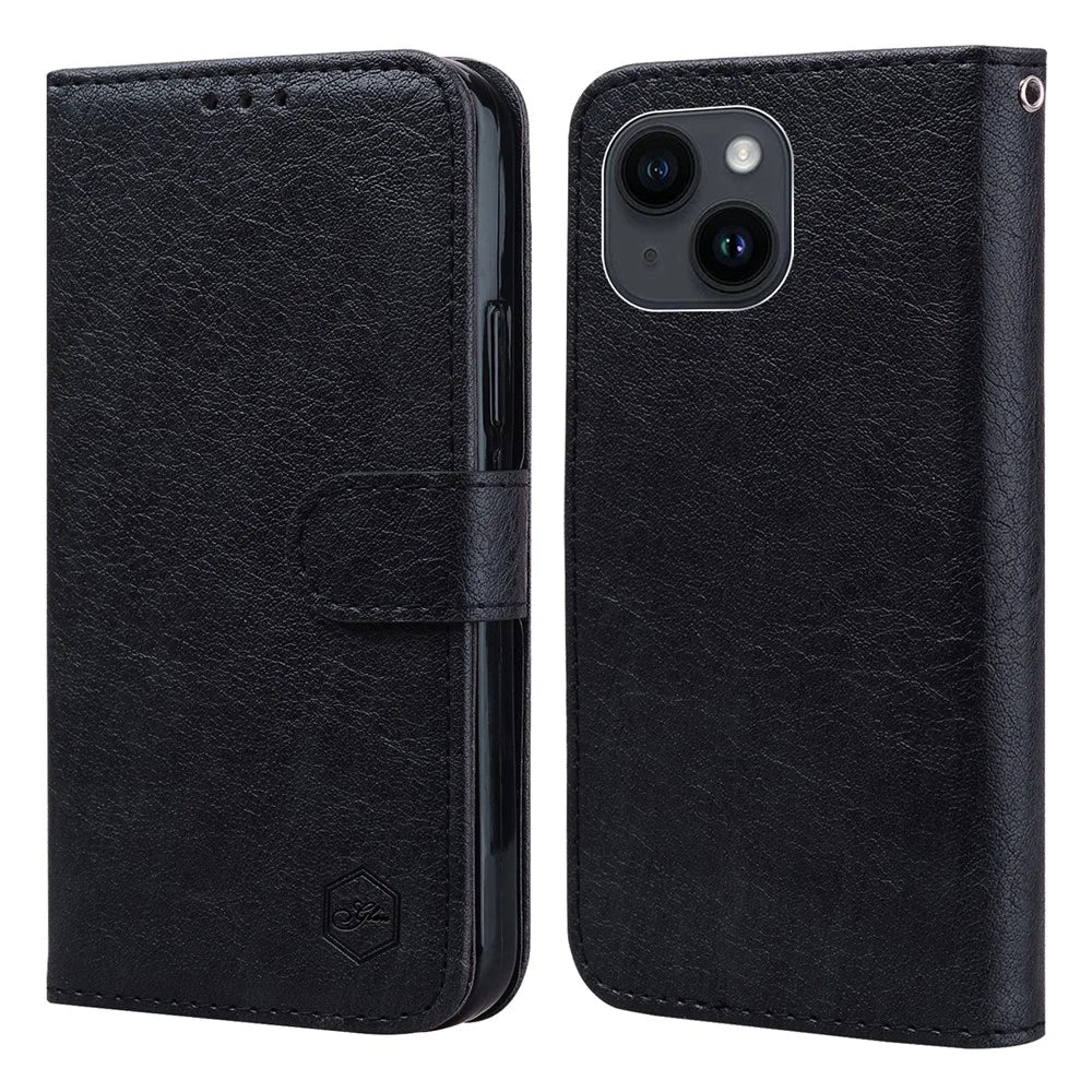 For iPhone 15 Plus Solid Color PU Leather Wallet Case Drop Proof Cell Phone Foldable Stand Cover - Black - 1