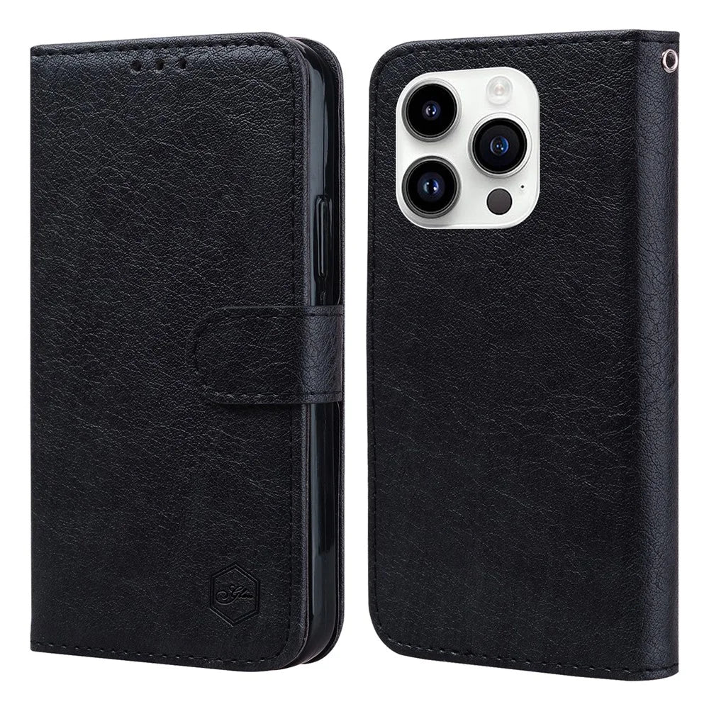 For iPhone 15 Pro Solid Color PU Leather Wallet Case Drop Proof Cell Phone Viewing Stand Cover - Black - 1