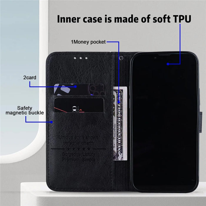 For iPhone 15 Pro Solid Color PU Leather Wallet Case Drop Proof Cell Phone Viewing Stand Cover - Black - 2