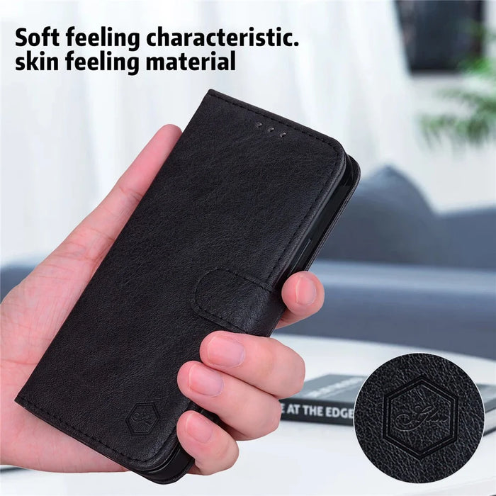 For iPhone 15 Pro Solid Color PU Leather Wallet Case Drop Proof Cell Phone Viewing Stand Cover - Black - 6
