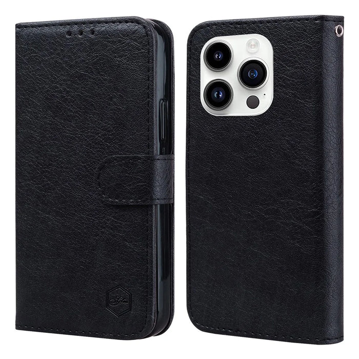 For iPhone 15 Pro Max Scratch Resistant Solid Color PU Leather Wallet Case Cell Phone Stand Cover - Black - 1
