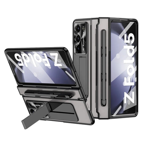 For Samsung Galaxy Z Fold5 5G Kickstand Phone Case PC Folding Cover with Tempered Glass Film+Stylus Pen - Black - 1