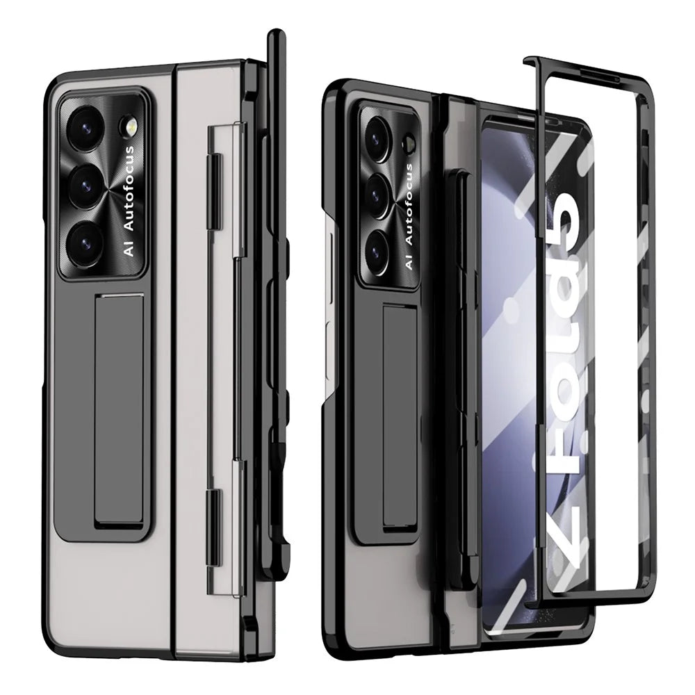For Samsung Galaxy Z Fold5 5G Kickstand Phone Case PC Folding Cover with Tempered Glass Film+Stylus Pen - Black - 2
