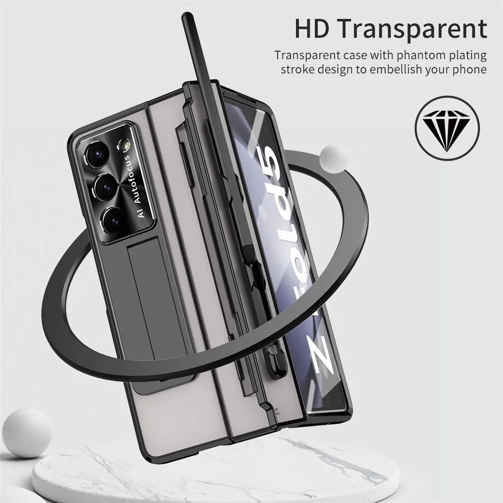 For Samsung Galaxy Z Fold5 5G Kickstand Phone Case PC Folding Cover with Tempered Glass Film+Stylus Pen - Black - 4