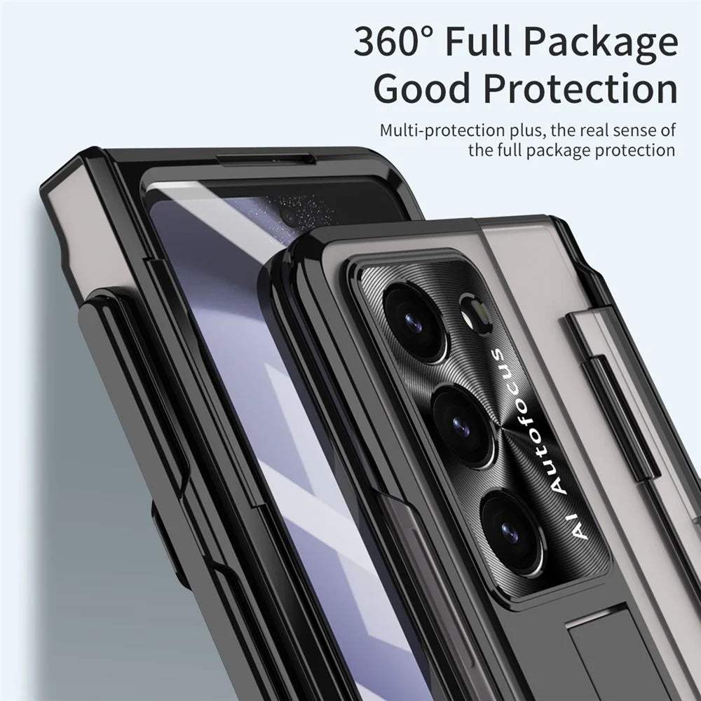 For Samsung Galaxy Z Fold5 5G Kickstand Phone Case PC Folding Cover with Tempered Glass Film+Stylus Pen - Black - 5