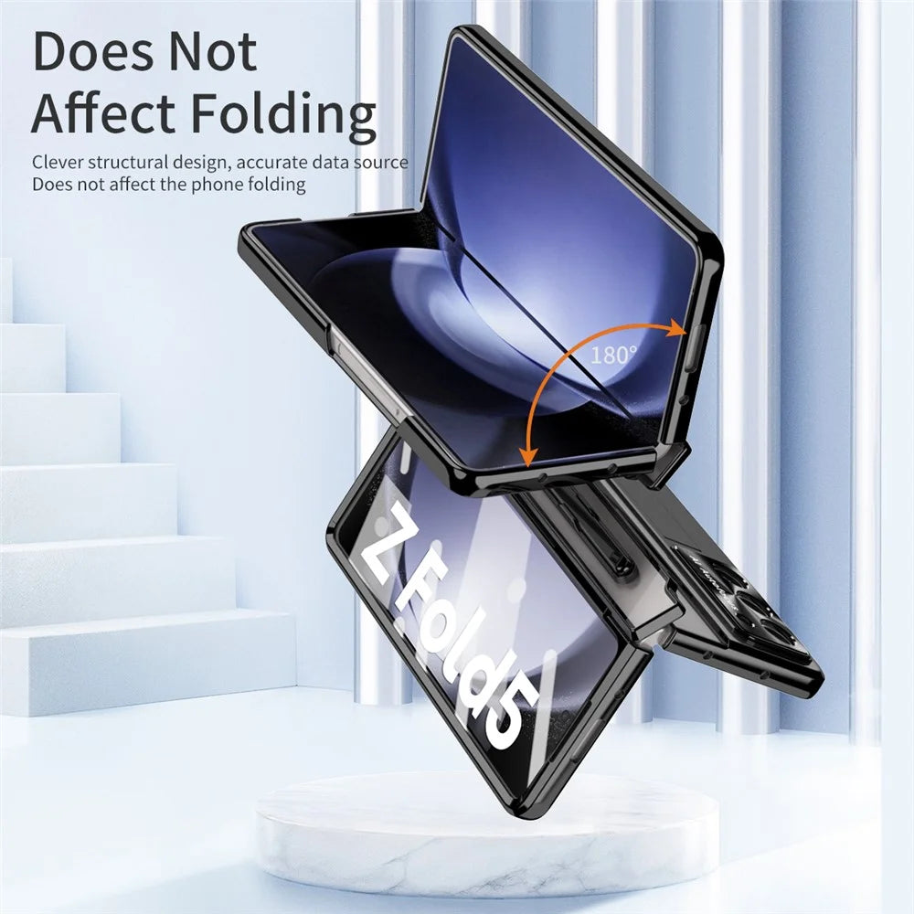For Samsung Galaxy Z Fold5 5G Kickstand Phone Case PC Folding Cover with Tempered Glass Film+Stylus Pen - Black - 6